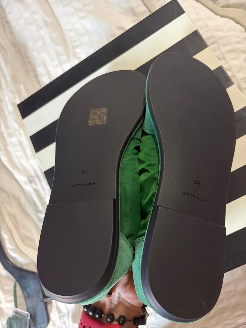 Tory Burch Green Canvas & Suede Lace-Up Flats